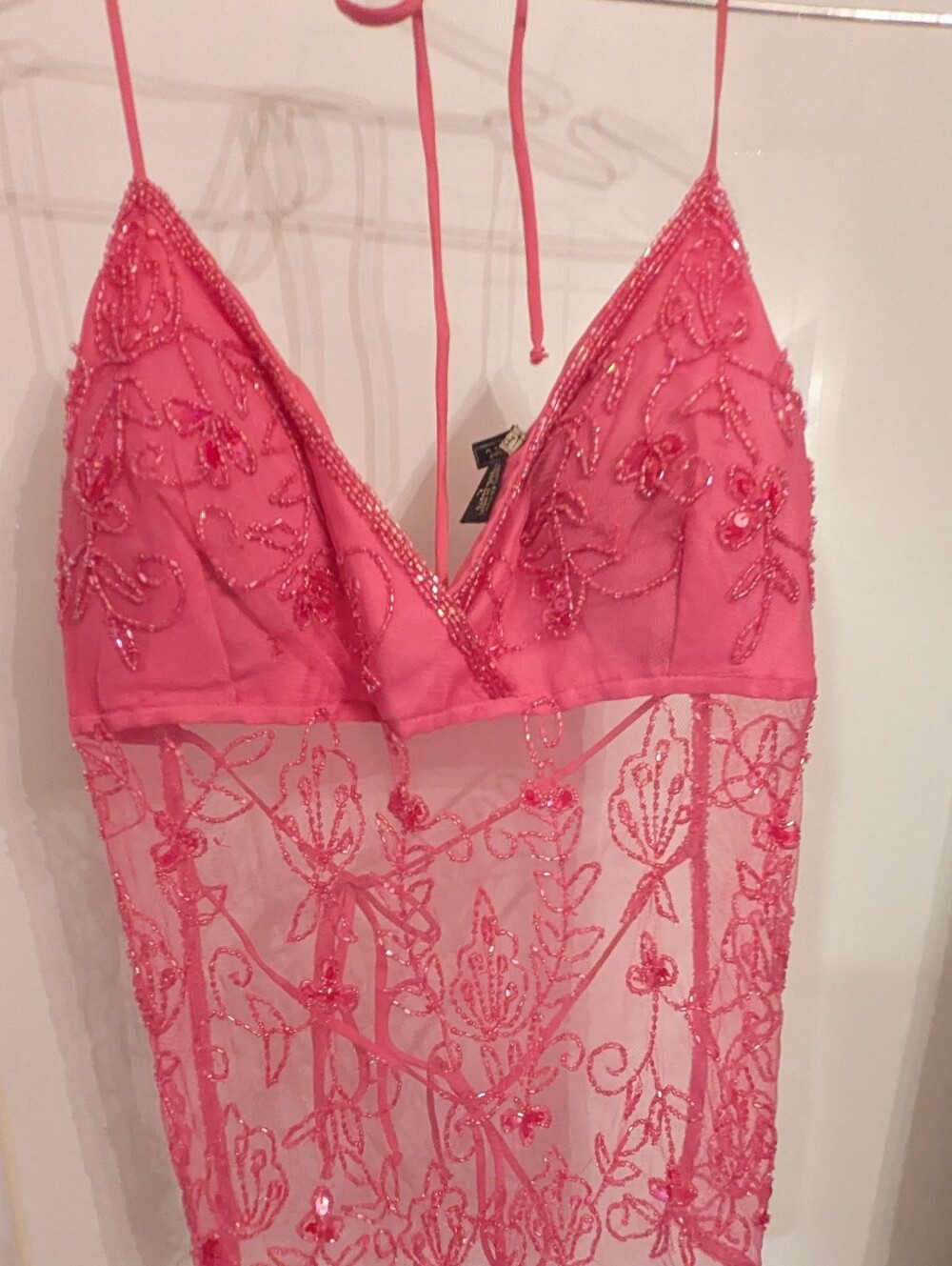 ** Rare** Vintage Y2K Passport Pink Beaded Sheer Backless Tank Top